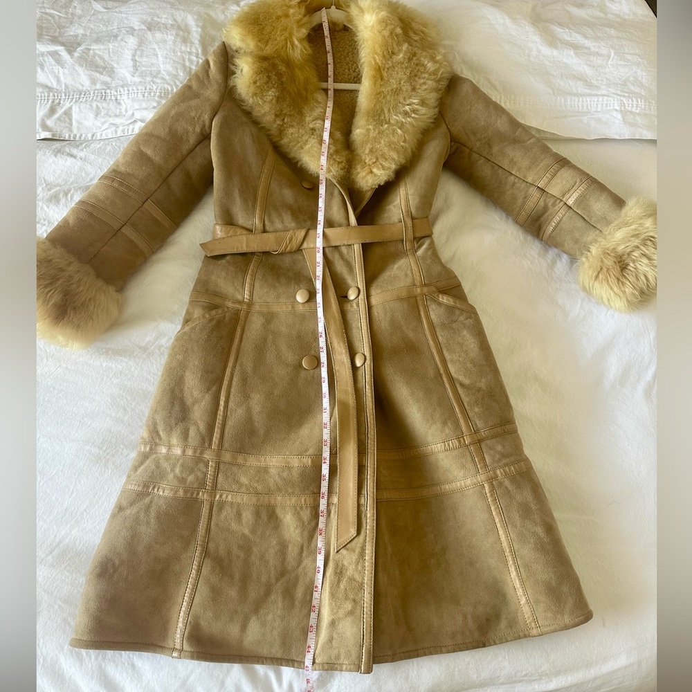 Penny Lane French Shearling Fur Vintage Suede Trench Coat with Leather Belt - Picture 2 of 16